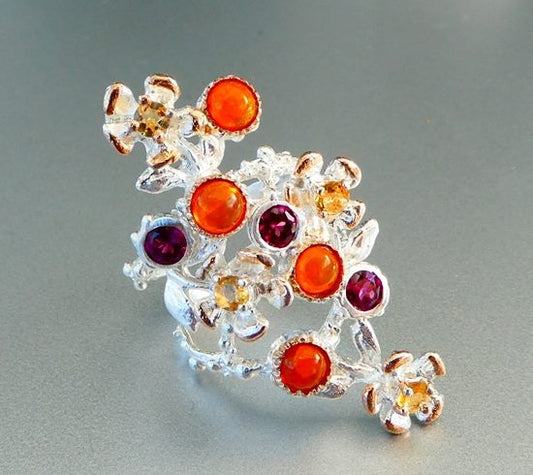 42.00CT EXCELLENT FIRE OPAL & RHODOLITE 925 STERLING SILVER RING