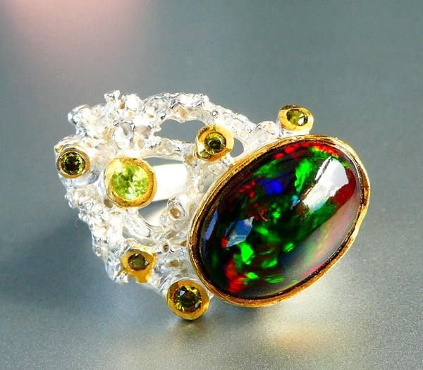 49.00CT UNIQUE DESIGN 7.00CT 100% NATURAL BLACK OPAL CHROME DIOPSIDE 925 STERLING SILVER RING