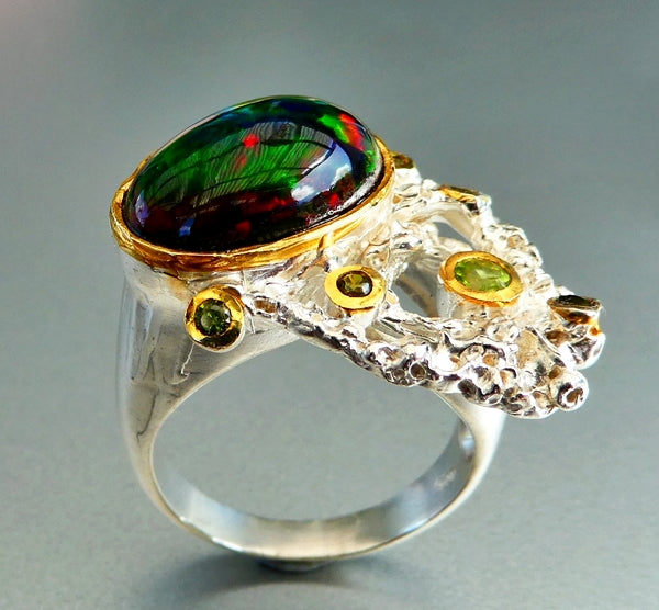 49.00CT UNIQUE DESIGN 7.00CT 100% NATURAL BLACK OPAL CHROME DIOPSIDE 925 STERLING SILVER RING