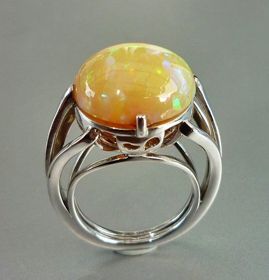 6.59CT EXCELLENT HUGE SOLITAIRE MULTI-COLOUR OPAL 10K SOLID WHITE GOLD RING 10.30gms