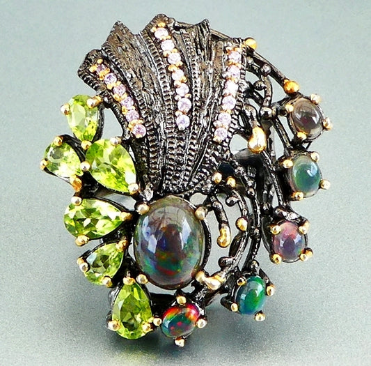 60.50CT UNIQUE PEACOCK DESIGN BLACK OPAL & PERIDOT BLACK RHODIUM 925 SILVER RING