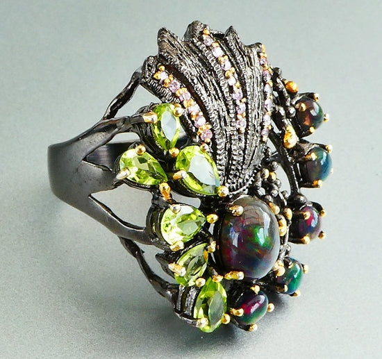 60.50CT UNIQUE PEACOCK DESIGN BLACK OPAL & PERIDOT BLACK RHODIUM 925 SILVER RING