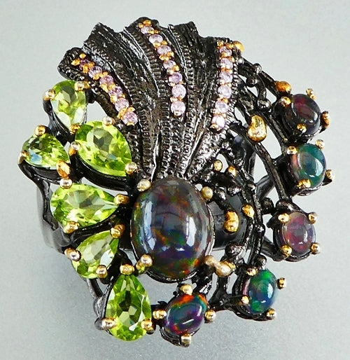 60.50CT UNIQUE PEACOCK DESIGN BLACK OPAL & PERIDOT BLACK RHODIUM 925 SILVER RING