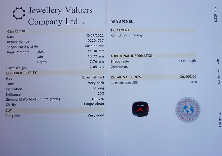 7.05CT 認定未処理ルーペ クリーンな巨大な 100% 天然ダークレッド ビルマ産スピネル