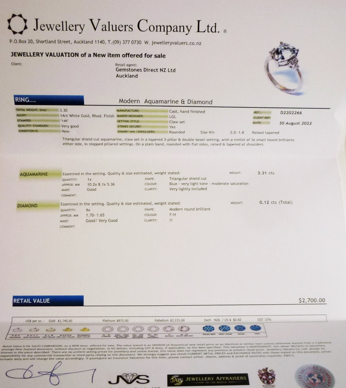 3.43 CT 認定済み、優れた 100% 天然アクアマリン &amp; ダイヤモンド 14K ソリッド ホワイト ゴールド リング $2700